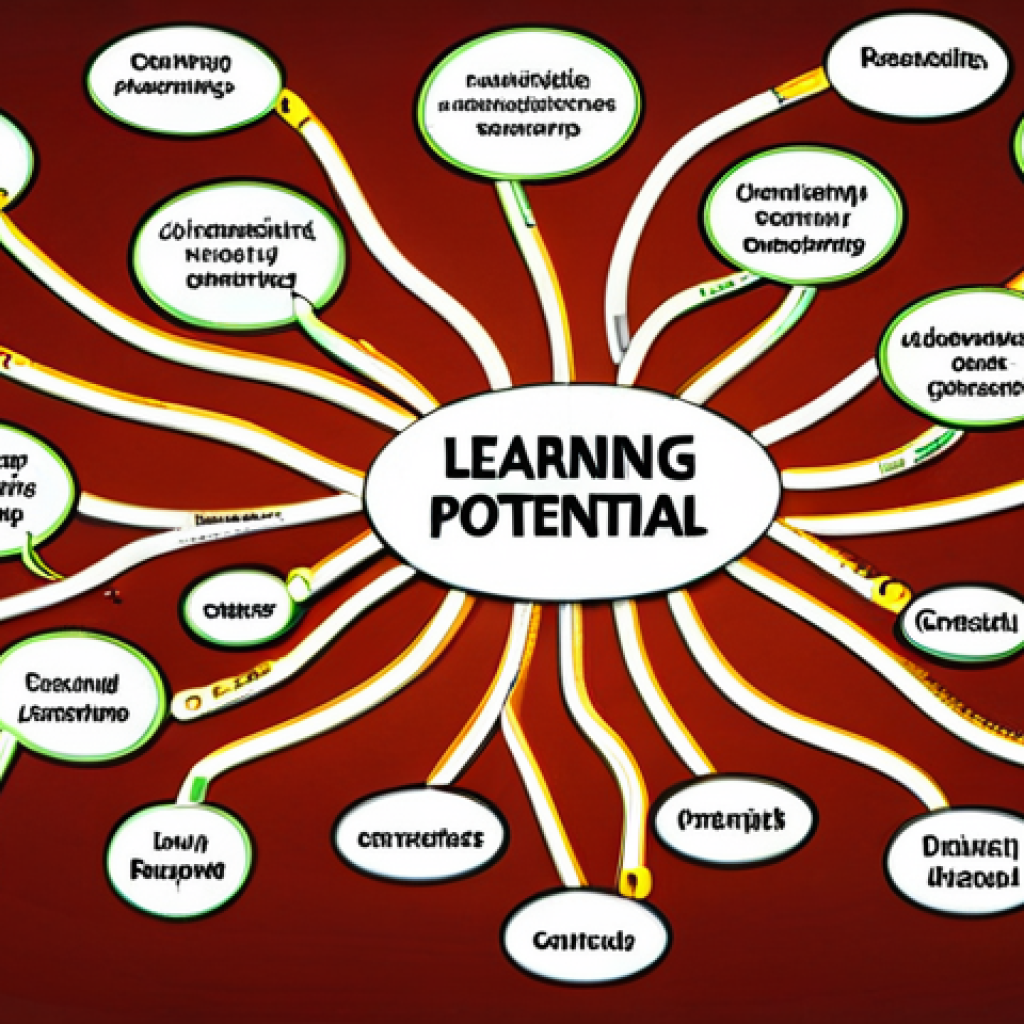 ** A vibrant mind map illustration. In the center, the words "Learning Potential" are brightly displayed. Branches extend outward, showcasing keywords like "Clear Goals," "Digital Marketing," "Critical Reading," "Reliable Sources," and "Knowledge Synthesis." Use bright colors and visual connections to illustrate the interconnectedness of ideas.

**
