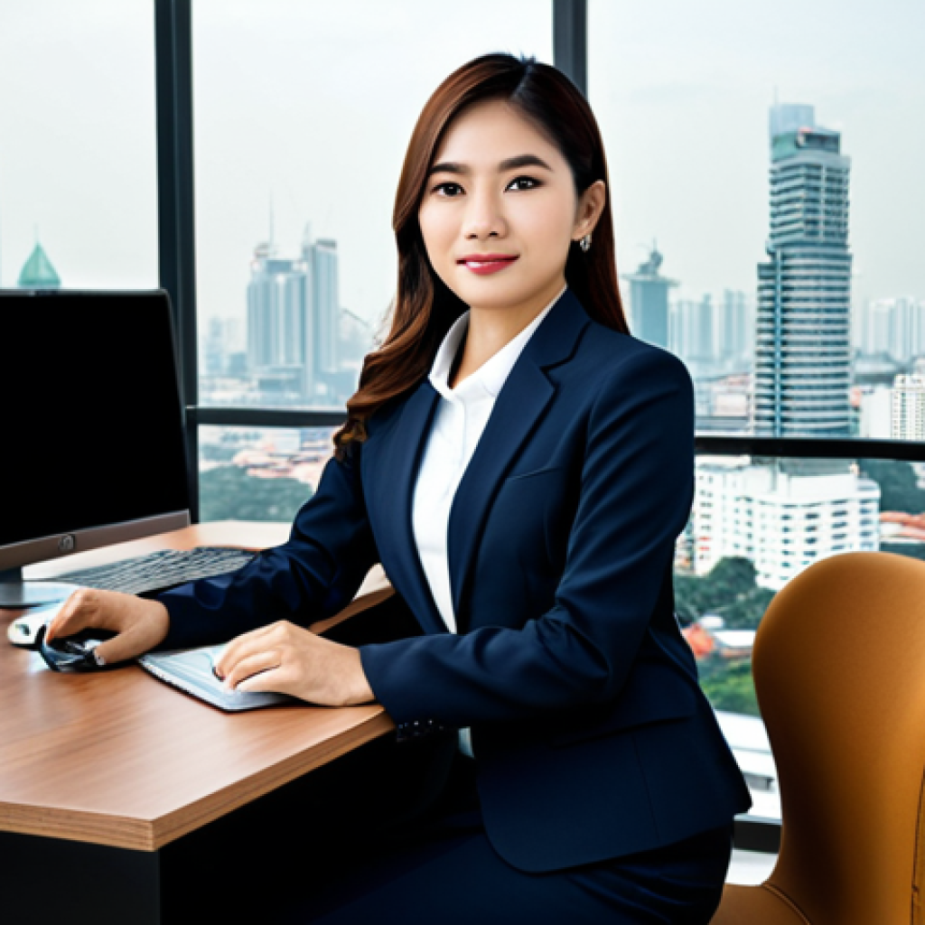 **
A Thai businesswoman in a modest, professional business suit, sitting at a modern desk in a Bangkok office with a cityscape view, fully clothed, appropriate attire, safe for work, perfect anatomy, natural proportions, professional photography, high quality, family-friendly.
**