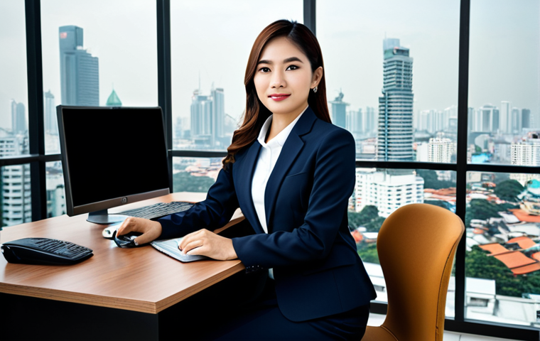 **
A Thai businesswoman in a modest, professional business suit, sitting at a modern desk in a Bangkok office with a cityscape view, fully clothed, appropriate attire, safe for work, perfect anatomy, natural proportions, professional photography, high quality, family-friendly.
**