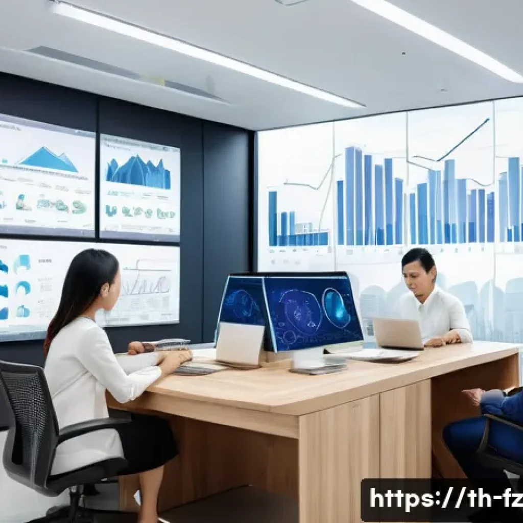 지식 합성의 실질적 이점 - A modern office scene in Bangkok featuring a diverse Thai team collaborating around a digital touchs...