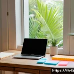 Home 20 지식 합성 능력을 높이기 위한 일상 습관 - A modern Thai home office setup bathed in natural light, featuring a neat wooden desk with a laptop ...
