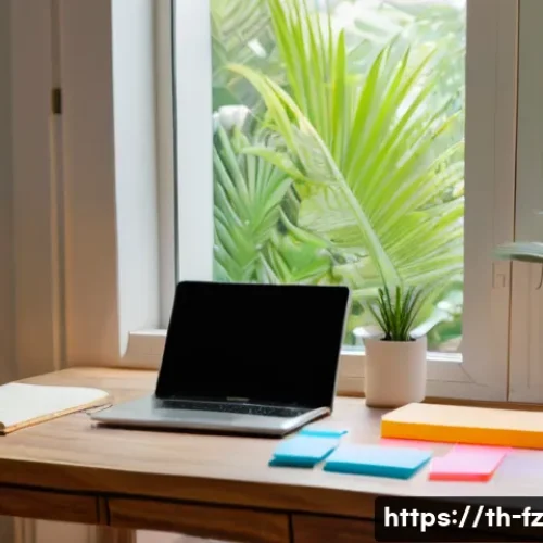 Home 32 지식 합성 능력을 높이기 위한 일상 습관 - A modern Thai home office setup bathed in natural light, featuring a neat wooden desk with a laptop ...