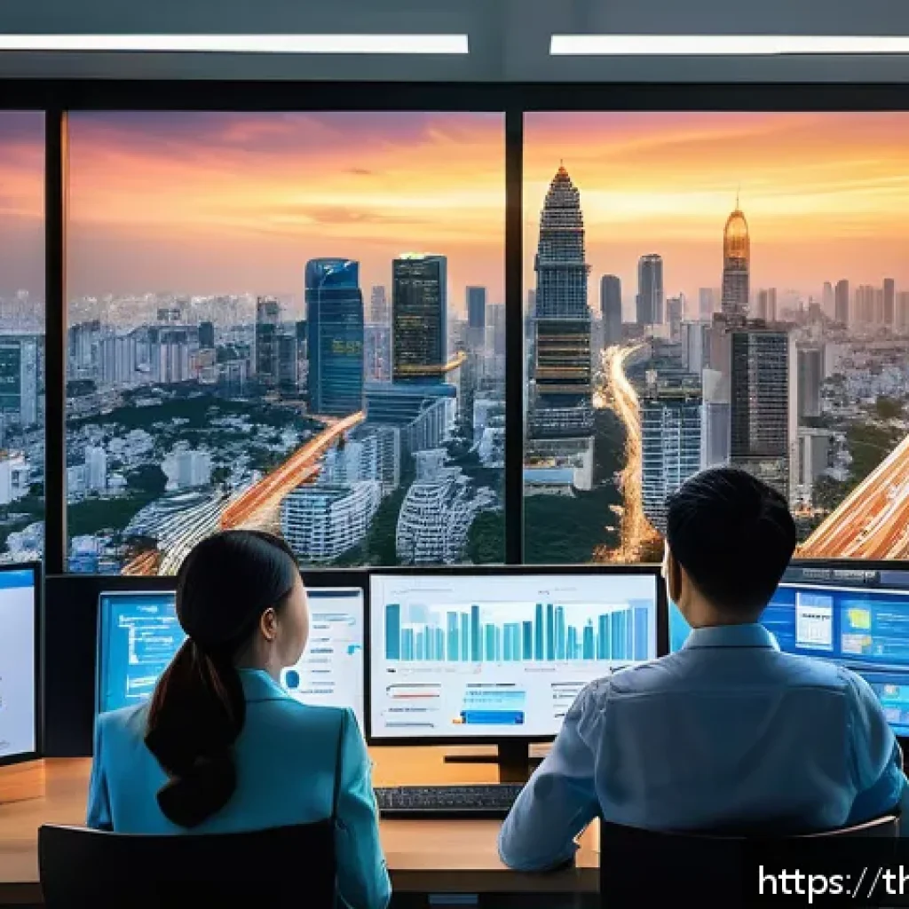지식 합성 기술을 활용한 혁신 사례 - A modern Thai business office with diverse professionals analyzing big data on multiple digital scre...