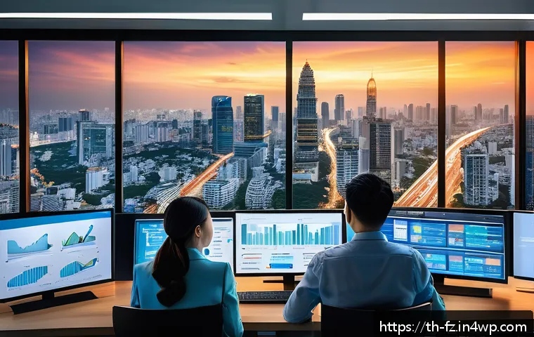 지식 합성 기술을 활용한 혁신 사례 - A modern Thai business office with diverse professionals analyzing big data on multiple digital scre...