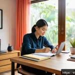 Home 18 지식 합성을 위한 개인적 경험 활용 - A focused Thai professional sitting at a modern wooden desk in a cozy home office, surrounded by col...