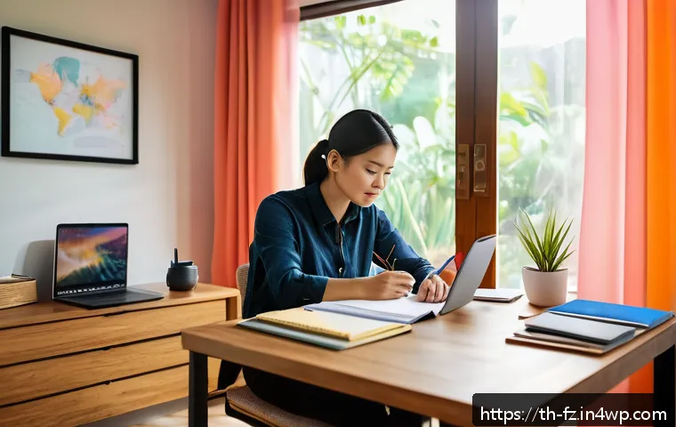 지식 합성을 위한 개인적 경험 활용 - A focused Thai professional sitting at a modern wooden desk in a cozy home office, surrounded by col...