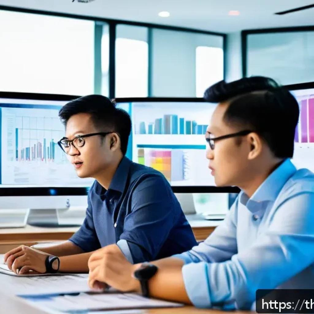 지식 합성에서의 다각적 접근 - A modern digital workspace showing a diverse group of Thai professionals collaborating on knowledge ...