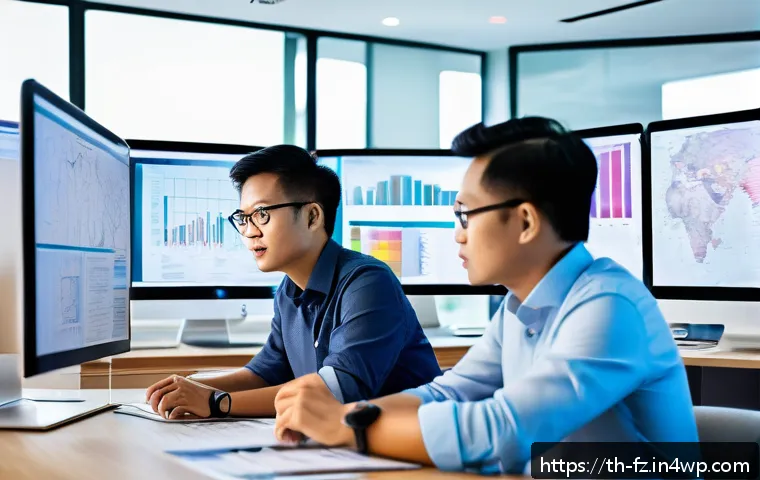 지식 합성에서의 다각적 접근 - A modern digital workspace showing a diverse group of Thai professionals collaborating on knowledge ...